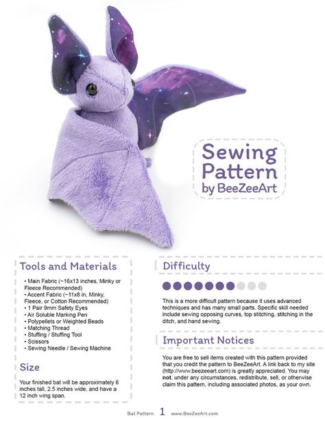 Updated Bat Pattern by BeeZee-Art Tips Menjahit, Diy Sy, Sew Projects, Bat Pattern, Animal Sewing Patterns, Sewing Stuffed Animals, Sew Ins, Idee Cosplay, Beginner Sewing Projects Easy