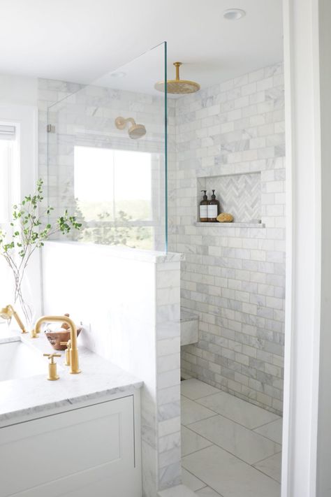 HOME TOUR: MASTER BATHROOM REVEAL | Red White & Denim Freestanding Bathtub With Tile Wall, Timeless Master Bath Design, White Master Bath Ideas, Timeless Master Bath, Herringbone Shower, Spa Like Bathrooms, Color Flow, Laundry Ideas, Driven By Decor