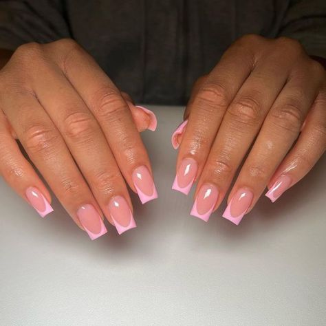 Pink V French Tip Nails Short, Cutout Nails, Pink Glitter French Tip Nails, Summer Pink Nails, Nails Biab, Pink Tip Nails, Simple Gel Nails, Girly Acrylic Nails, French Tip Acrylic Nails