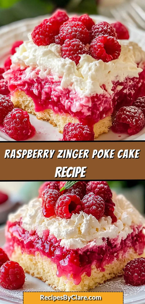 Treat yourself to this Delightful Raspberry Zinger Poke Cake! Sweet, tangy raspberry preserves soak into a moist cake, topped with rich whipped cream and fresh raspberries.

Ingredients:

1 box white cake mix
¼ cup powdered sugar
1 cup raspberry preserves
Mint leaves (optional, for garnish)
This cake offers a perfect balance of sweet and tangy flavors, making it an irresistible dessert! Lemon Cake With Raspberry Frosting, Raspberry Bundt Cake Recipes, Raspberry Zinger Poke Cake, Zinger Poke Cake, Raspberry Zinger Cake, Fresh Raspberry Desserts, Jello Poke Cake Recipe, Raspberry Poke Cake, Raspberry Zinger