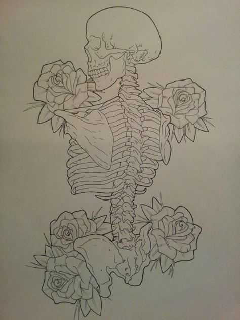 Skeleton And Flowers Drawing, Pretty Skeleton Tattoo, Skeleton Laying Down Drawing, Skeleton Tattoo Outline, Skeleton Love Drawing, Skeleton Tattoo Stencil, Skeleton Body Tattoo, Skeleton Drawing Ideas, Skeleton With Flowers Tattoo