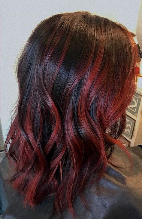 Dark brown and red balayage 😍 Red And Dark Brown Balayage, Hair Color Brown And Red, Hair Dye Red Highlights, Red With Dark Brown Hair, Wine Red And Brown Hair, Brown Hair Color With Red Highlights, Red Highlight On Brown Hair, Red Hair Colour On Black Hair, Black W Red Highlights