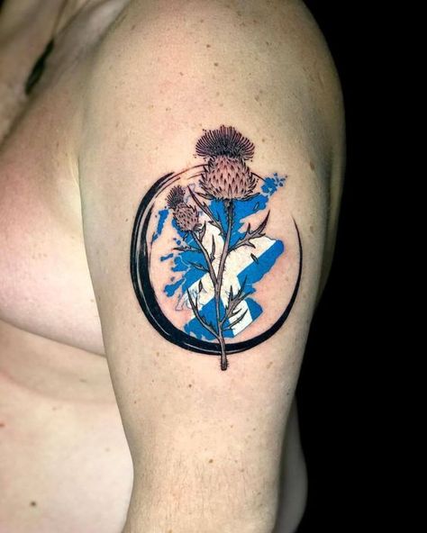 Scotland Tattoo Ideas For Men, Scottish Themed Tattoos, Scotland Thistle Tattoo, Scottish Tattoos Men, Scottish Tattoos For Women, Scotland Tattoo Ideas, Thistle Tattoo Black, Thistle Tattoos, Stag Tattoo Design