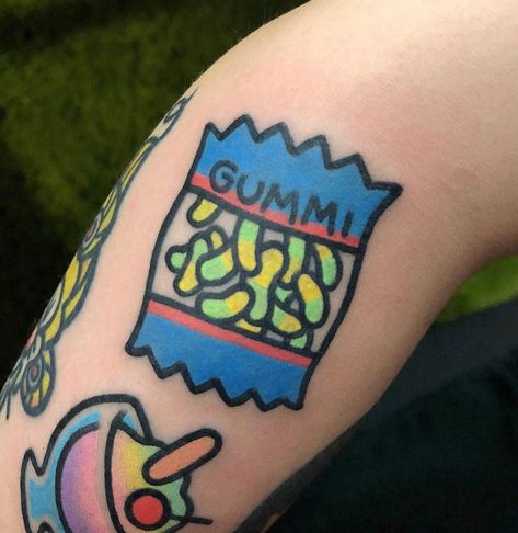 Gummy worms tattoo Worm Tattoo, Candy Tattoo, Gummy Worm, Tramp Stamp Tattoos, Traditional Style Tattoo, Cool Tattoo, Gummy Worms, Tattoo Outline, Tattoo Trends