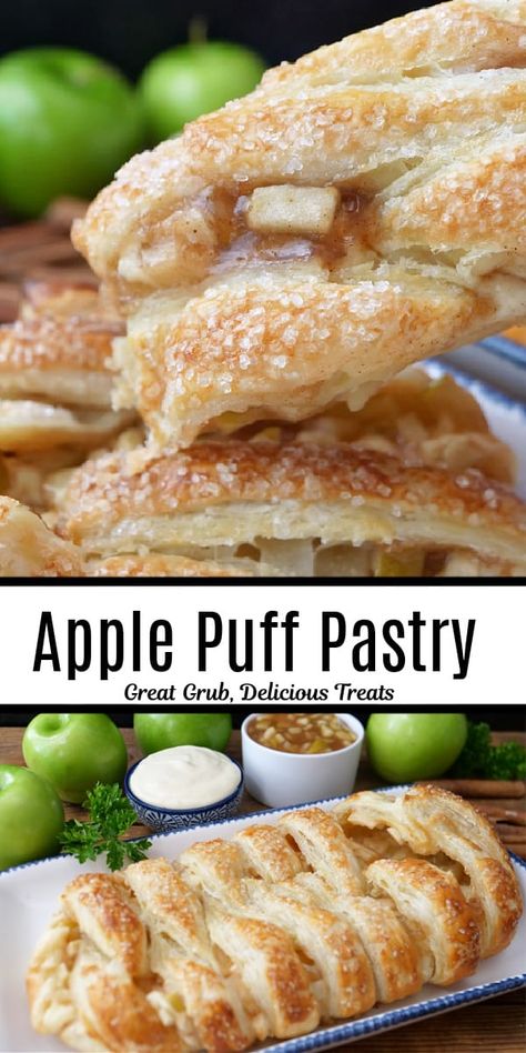 Apple Puff Pastry is a budget-friendly, family favorite dessert recipe made with a sweet cream cheese mixture and delicious fresh apples all baked to golden perfection. Cream Puffs Dessert, Apple Turnovers With Puff Pastry Recipe, Desert Puff Pastry Recipes, Baked Apples Puff Pastry, Baked Apples In Pastry, Easy Morning Pastries, Apple Flaky Pastry, Apple Recipes Using Puff Pastry, Puff Pastry Dessert With Apples