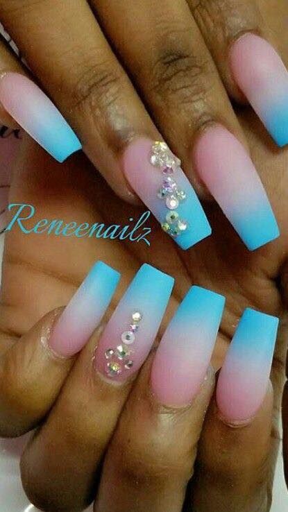 NAILS Ombre Rhinestone Nails, Blue Ombre Nails Coffin, Ombre Nails Coffin, Ombre Nail Colors, Blue Ombre Nails, Pink Ombre Nails, Glow Nails, Nails Blue, Nails Coffin