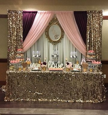 propuesta de adornos de salon para bautizo Glam Baby Shower Ideas, Glam Bridal Shower Ideas, Bday Celebration, Table Skirts, Quince Decorations, Quinceanera Decorations, Tafel Decor, Sweet 16 Birthday Party, Sweet 15