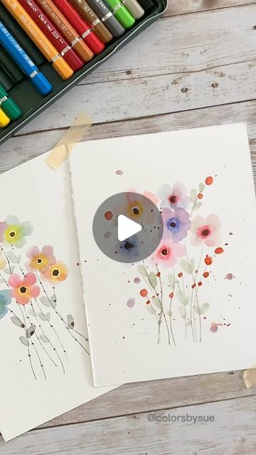 Watercolour Pencil Art Easy, Doodle Watercolor Flowers, Watercolor Pencils Tutorial, Flower Water Colour Drawing, Beginner Watercolor Flowers, Watercolor Pencil Art Tutorials, Watercolor Pencil Flowers, Watercolor Doodles Flowers, Watercolor Pencil Art Ideas