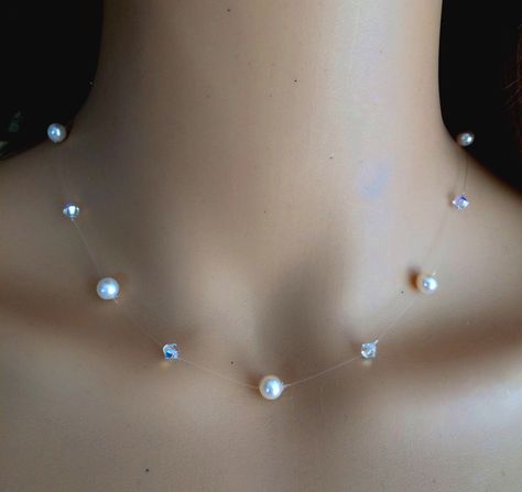 Illusion Pearl Necklace, Wedding Necklace Simple, Elegant Beaded Necklace, Simple Bridal Necklace, Illusion Necklace, Floating Pearl Necklace, Simple Pearl Necklace, Single Pearl Necklace, Bridal Pearl Necklace