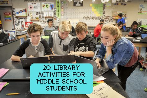 Getting tweens into the library to do library activities and explore books takes some creative thinking. Activities that are interactive, fun, challenging, Library Games For Middle School, Middle School Library Ideas, Library Activities For Middle School, Middle School Library Displays, Fun Library Activities, School Library Activities, Worksheets For Middle School, School Library Lessons, Library Games