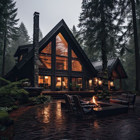 Modern House In The Woods Aesthetic, Rustic Farmhouse Exterior Ideas, Black Rustic House Exterior, Modern Rustic Tiny House, Houses In Tennessee, Glass A Frame House, Forest Lake House, Mountain Farmhouse Exterior, Mountain Side Homes