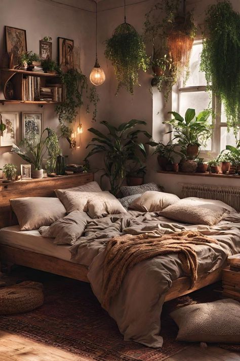 Modern Bohemian Bedroom Decor, Bedroom Inspirations Cozy, Korean Bedroom, Lukisan Comel, Earthy Bedroom, Warm Bedroom, College Room, Decor Quotes, Bohemian Bedroom Decor