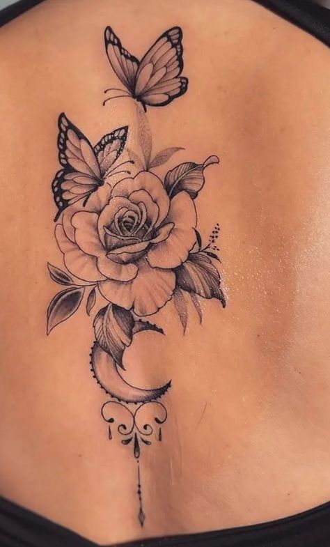 Shoulder Tattoo Butterfly Flowers, Roses And Butterflies Tattoo, Rune Tattoos, Tattoo Bein Frau, Cute Shoulder Tattoos, Rose And Butterfly Tattoo, Tattoos Back, Tattoos Butterfly, Stomach Tattoos Women