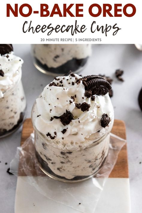 The easiest, 20 minute dessert you will ever that everyone will LOVE. These Oreo No-Bake Cheesecake Cups are the perfect summer treat. 5 Ingredients and so simple to toss together! #oreo #oreocheesecake #nobakecheesecake Oreo Cheesecake Cups, Lemon Zest Recipes, Cheesecake Cups Recipe, Baked Caramel Apples, Oreo Stuffed Chocolate Chip Cookies, Oreo Desserts, Dessert Cups Recipes, No Bake Oreo Cheesecake, Cookies And Cream Cheesecake