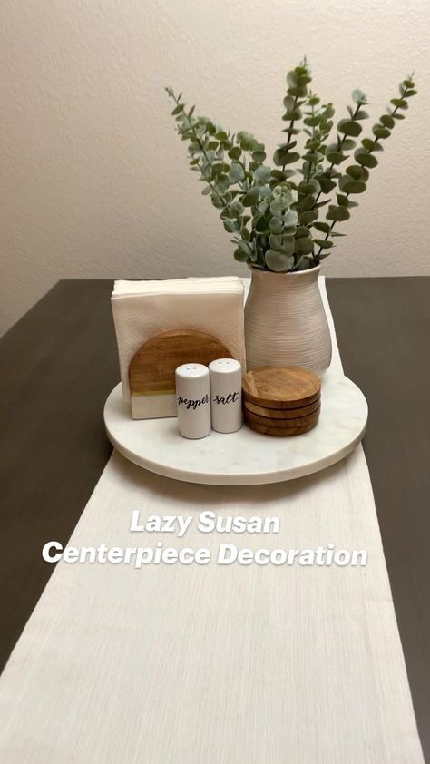 Kitchen Turntable Decor, Center Of Kitchen Table Decor, Dining Table Organization Ideas, Grey Kitchen Table Decor Ideas, Minimalist Table Centerpiece For Home, Eat In Kitchen Table Decor, Breakfast Nook Centerpiece Ideas, Tray Styling Dining Table, Rectangle Kitchen Table Centerpiece