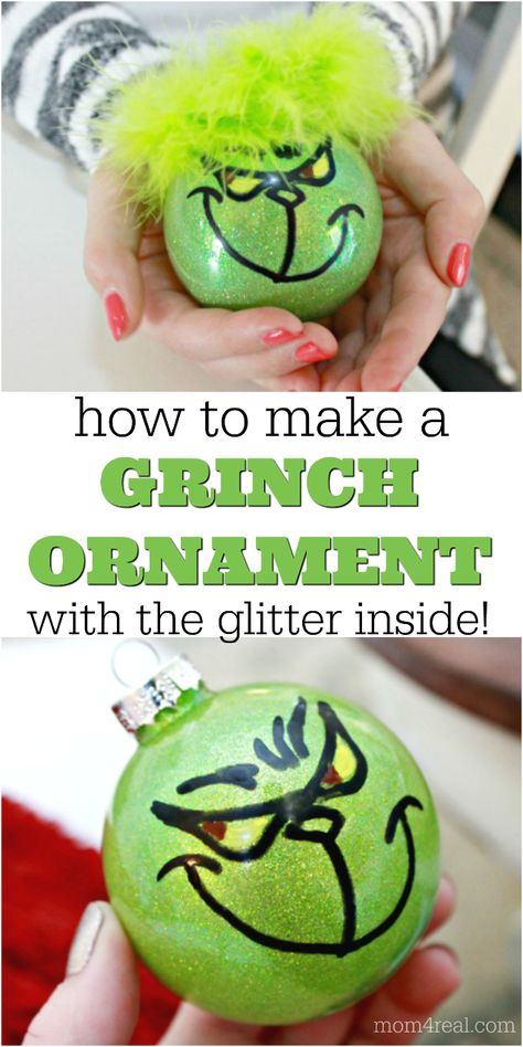 Grinch Glitter Ornaments Diy, Grinch Bulbs Diy Ornaments, Grinch Face Ornaments Diy, Easy Grinch Crafts For Adults, Grinch Homemade Ornaments, Grinch Glitter Ornament, Diy Christmas Ornaments Grinch, Grinch Ornament Craft, The Grinch Ornaments Diy