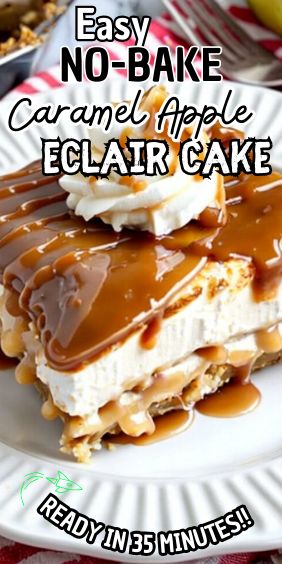 Easy No-Bake Caramel Apple Eclair Cake Caramel Apple Eclair Dessert, No Bake Caramel Apple Lush, No Bake Caramel Apple Pie, Carmel Apple Eclair Cake, No Bake Caramel Apple Eclair Cake, No Bake Apple Cheesecake Recipes, Easy Eclair Dessert, Easy Eclair Cake, Caramel Apple Eclair Cake