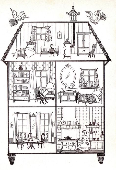 https://flic.kr/p/6ds8E1 | dollshouse l950ies | illustration from chrildrensbook " ons jeugdboek"A D Hildebrand jaren 50 Dolls House Illustration, Paper Doll Bedroom, Doll House Illustration, Doll House Drawing, Map Of House, Dollhouse Illustration, Dollhouse Drawing, Map Game, House Colouring Pages