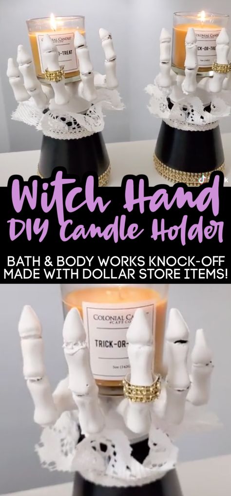 Like The Bath & Body Works One! Bath And Body Candle Holders Diy, Bathroom Halloween Decor Diy, Bath And Body Works Candle Holder Diy, Bath And Body Candle Holders, Bath And Body Halloween, Dollar Tree Projects Diy Crafts, Dollar Store Candle Ideas, Skeleton Hand Candle Holder Diy, Bath And Body Works Candles Reuse