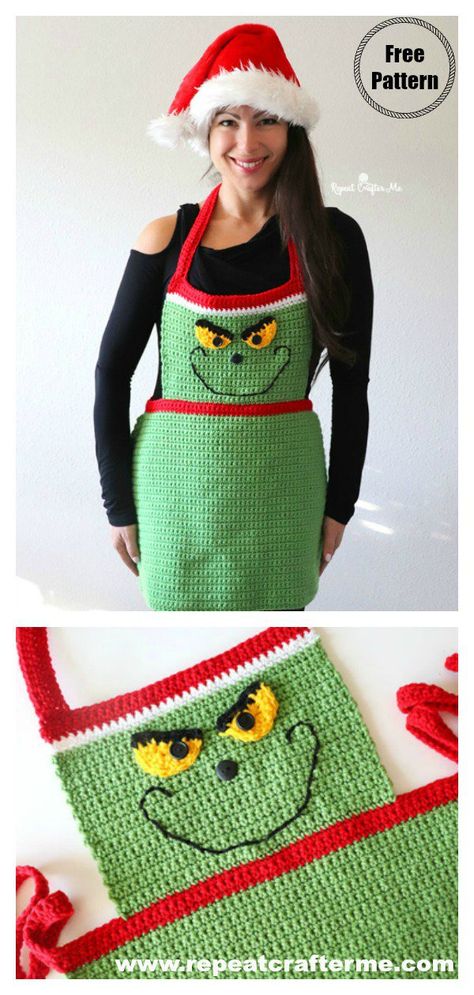 Christmas Grinch Apron Free Crochet Pattern #freecrochetpattern #grinch #christmasgifts #crochetpattern #apronpattern Grinch Apron Pattern, Crochet Apron Pattern Free, Grinch Apron, Crochet Stuffys, Grinch Crochet, Crochet Grinch, Crochet Apron, Corak Krusye, Crochet Wreaths