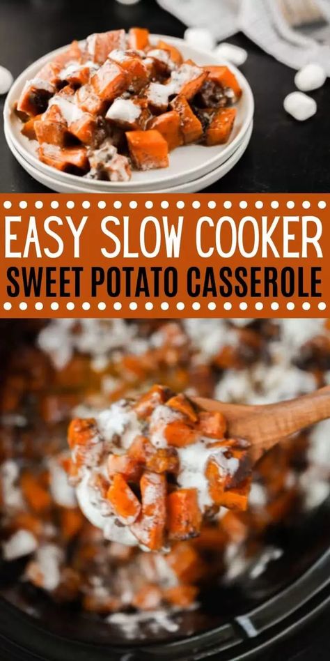 Looking for the Best Sweet Potato Casserole that can be made in Crock pot? Look no more! Sweet potatoes coated in brown sugar, and topped with marshmallows, is the perfect side dish for the holidays. Easy Crock Pot Sweet Potato Casserole is easy to make and tastes delish too! Slow Cooker Sweet Potato Casserole is a great way to free up your oven for Christmas or Thanksgiving. I love easy recipes like this sweet potato casserole! #eatingonadime #crockpotrecipes #slowcookerrecipes #sidedishrecip Crock Pot Sweet Potato Casserole, Slow Cooker Sweet Potato Casserole, Sweet Potato Casserole With Pecans, Sweet Potato Casserole Crock Pot, Easy Sweet Potato Recipes, Crock Pot Sweet Potatoes, Sweet Potatoes With Marshmallows, Paleo Ideas, Sweet Potato Thanksgiving