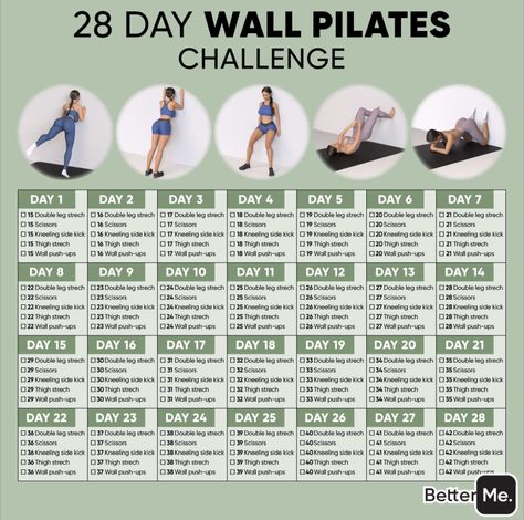 Wall Pilates Challenge Free, 28 Day Wall Pilates Challenge Free Chart, 28 Day Wall Pilates, 28 Day Wall Pilates Challenge, Wall Pilates Challenge, Mirror Affirmations, Lazy Workout, Wall Exercises, Wall Yoga