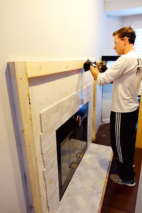 Fireplace Makeover: Building a New Mantel Electric Fireplace With Mantle Tile, Diy Fireplace Surround For Gas Insert, Tile Around Gas Fireplace Ideas, Fireplaces With Tile Surrounds, Gas Fireplace With Tile Surround, Gas Fireplace Mantel Ideas, Gas Fireplace Surrounds, Tiled Gas Fireplace, Glass Tile Fireplace Surround