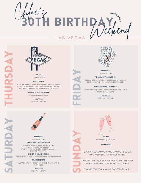 I first made this template for my 30th birthday and I had a coworker asked me to make one for their 40th and it was PERFECT! A game changer when figuring out what to pack and let's all guests know what to expect each day! I can change any colors you want and I can use your personal invitations or requests as needed for colors and font matching! I just need your desired itinerary with as much detail as you can provide! Perfect for birthdays, bachelorettes/bachelors, weekend trips, etc! Can be used for any location! 21st Birthday Weekend Itinerary, 30th Birthday Itinerary, Birthday Weekend Ideas, Birthday Trip Itinerary, 40th Birthday Weekend, 30th Birthday Weekend, 30th Birthday Trip, 21 Bday Ideas, Birthday Trip Ideas