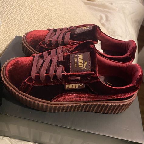 Inclusive Fenty Rihanna Red Velvet Sneakers, Brand New , Never Worn, With The Box And The Bag, Size Women’s 6 Red Velvet Shoes, Fenty Shoes, Fenty Rihanna, Burgundy Sneakers, Shoes Inspiration, Velvet Sneakers, Velvet Shoes, Savage X Fenty, Shoe Inspiration