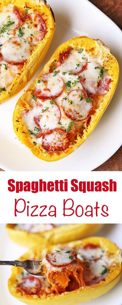 Spaghetti Squash Pizza Bake, Spaghetti Squash Boats, Cheesy Spaghetti Squash, Spaghetti Squash Pizza, Pizza Boats, Spaghetti Squash Recipes Healthy, Spaghetti Squash Boat, Squash Boats, Squash Pizza