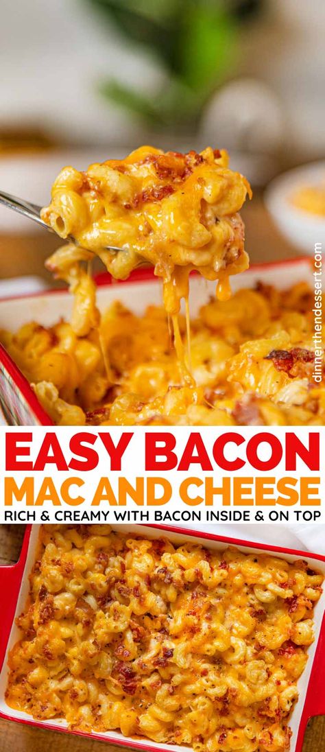 Bacon Mac and Cheese is a rich and creamy bacon-loaded three cheese baked mac and cheese, the perfect holiday side dish! #bacon #macandcheese #baconmacandcheese #sidedish #holidaysidedish #macaroniandcheese #dinnerthendessert Bacon Macaroni And Cheese Recipe, Macaroni Bacon And Cheese, Baked Mac And Cheese Bacon, Baked Macaroni And Cheese With Bacon, Macaroni And Cheese With Bacon Recipe, Mac N Cheese With Bacon Recipe, Easy Bacon Mac And Cheese Recipe, Bacon And Mac And Cheese, Mac And Cheese With Bacon Recipe Baked