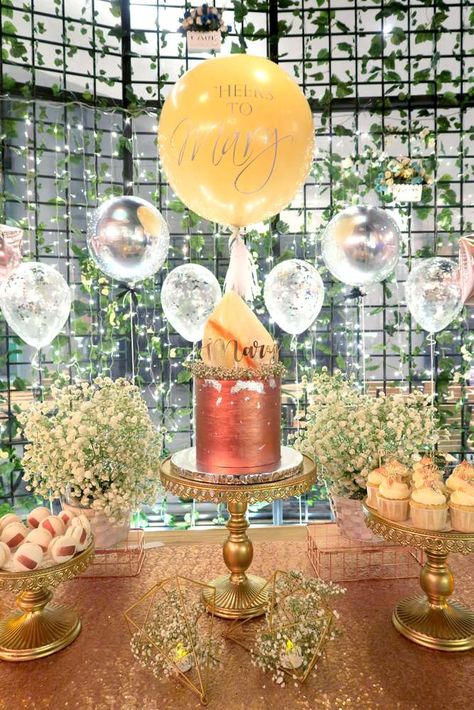 Loving this Elegant themed birthday party! The cake is stunning!! See more party ideas and share yours at CatchMyParty.com #cake #elegant #party Simple Elegant Birthday Decorations, Older Lady Birthday Party Ideas, Elegant 18th Birthday Party Ideas, 70th Birthday Party Themes For Women, 48 Birthday Party Ideas, 50th Birthday Ideas For Women Themes Mom, 60th Birthday Themes For Women, 35th Birthday Party Ideas, Classy Birthday Party Ideas