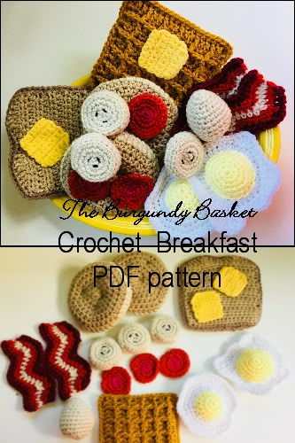 Crochet Breakfast Food: Kids Play Food - The Burgundy Basket Crochet Breakfast, Kids Play Food, Kids Pretend Play Toys, Confection Au Crochet, Pretend Food, Food Patterns, Toy Food, Crochet Food, Food Kids