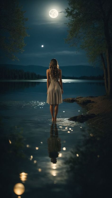 Enchanting Night by the Tranquil Lake Lake Pics, Drawing Down The Moon, Moon Beauty, Enchanted Lake, Moon Girl, Face Swap, Indian Art Gallery, Hiking Photography, Night Video