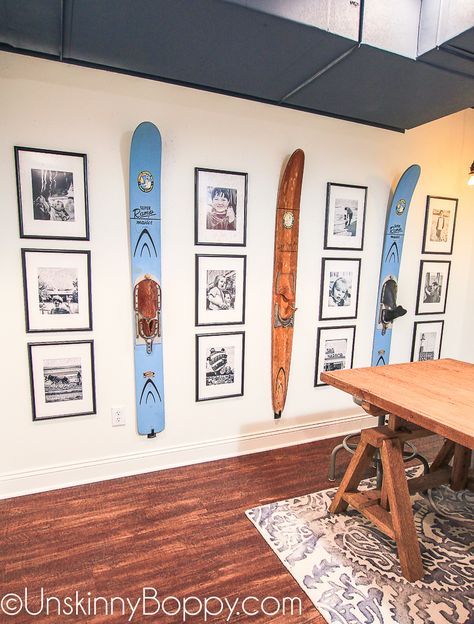 Ski Office Decor, Lake Tube Storage Ideas, Water Ski Shelf, Water Skis On Wall, Small Ski Condo Decor Interior Design, Decorating With Skis, Decorating With Water Skis, Lake House Rec Room, Lakehouse Basement Ideas