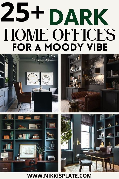 Dark Home Offices for a Moody Vibe; If you want to be productive, your home office should have a dark, moody design. Here's some tips to setting up a dark home office that'll make you feel inspired and relaxed while you work. Urban Bronze Home Office, Dark Office Walls Paint Colours, Dark Painted Home Office, Dark Walls Office Space, Dark And Moody Home Bar, Moody Den Decor, Dark Moody Workspace, Black And Green Office Ideas, Small Moody Study