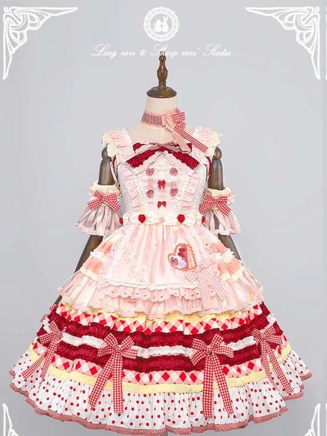 Dessert Outfit, Strawberry Outfit, Strawberry Dress, Theme Dress, Dress Cake, Kawaii Dress, Sweet Lolita, Drawing Clothes, Wrist Cuffs