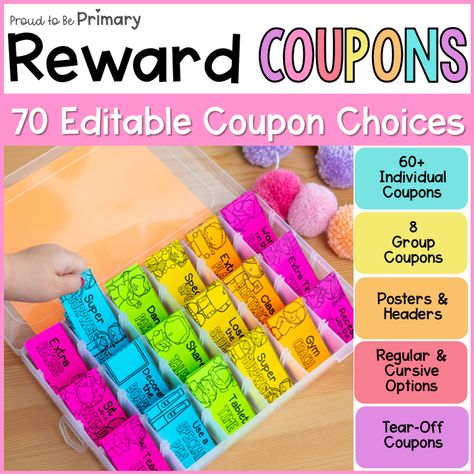 Classroom Store Rewards, Classroom Treasure Chest, Class Coupons, Classroom Manipulatives, Classroom Diys, Small Group Organization, Classroom Reward Coupons, Classroom Coupons, Classroom Prep