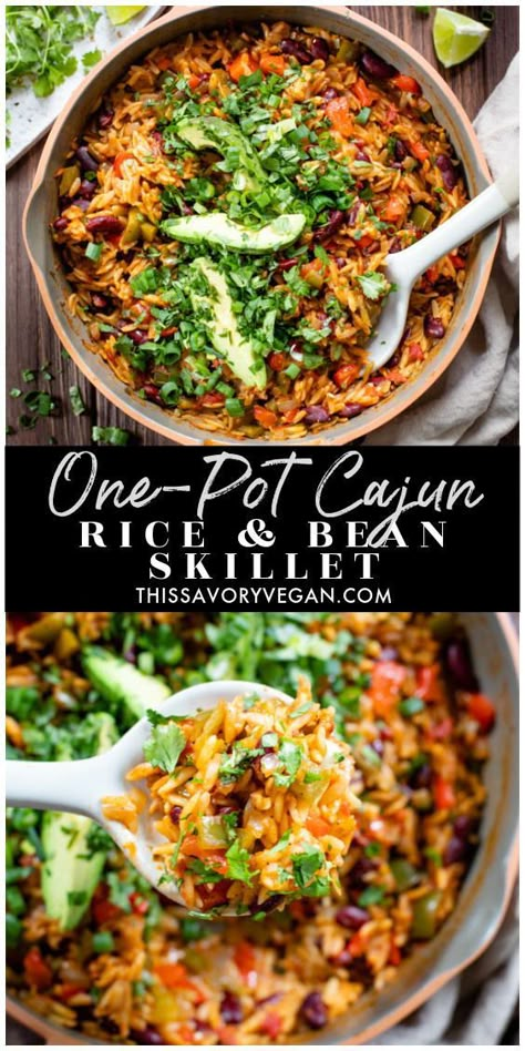 Whole Food One Pot Meals, Vegan Cajun Risotto, Easy One Pot Meals Vegetarian, One Pot Pescatarian Meals, Cajun Healthy Recipes, Vegan Dinner One Pot, Healthy Cajun Meals, Vegan Bean Dinner Recipes, Orzo And Beans