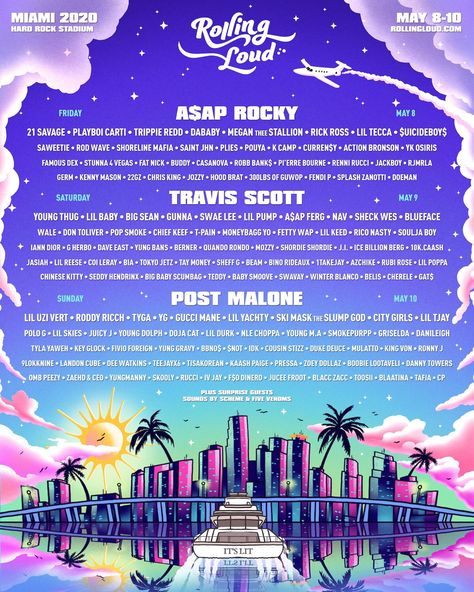 Rolling Loud Line Up 2020 Miami, Florida #RollingLoud2020 #RollingLoud #Festival #Miami #Music Rolling Loud Festival, Rolling Loud Miami, Fat Nick, Hip Hop Festival, Event Posters, Rolling Loud, Summer Music Festivals, Festival Flyer, Music Festival Poster