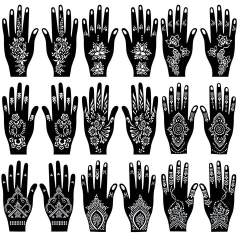 PADOUN 18 Sheets of Henna Stencils for Hands - Indian and Arabian Temporary Tattoo Templates for Hand and Body Art Finger Drawings, Henna Stencils, Beautiful Henna, Tattoo Templates, Hand Stencil, Parts Of The Body, Henna Tattoos, Henna Artist, Hand Art Drawing