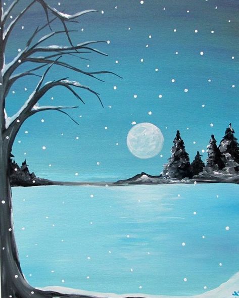 Landscape Painting Ideas, Easy Christmas Drawings, Easy Landscape Paintings, Acrylic Portrait Painting, Silhouette Canvas, Winter Landscape Painting, Christmas Paintings On Canvas, Simple Canvas Paintings, Landscape Paintings Acrylic