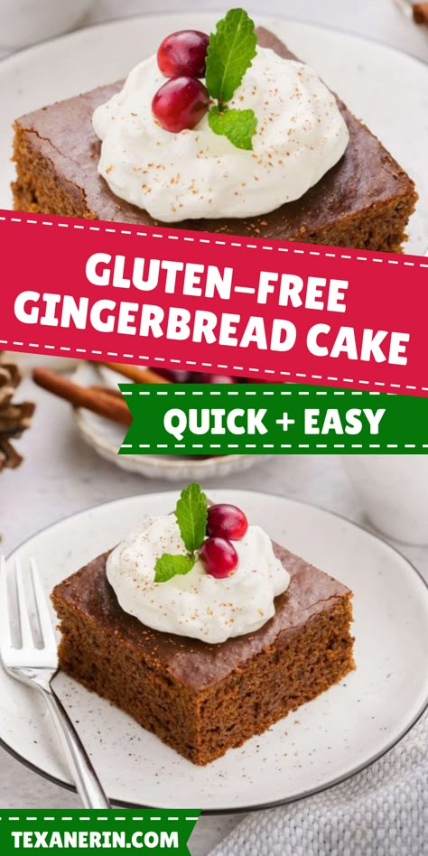 Celebrate the holidays with this Gluten-Free Gingerbread Cake! Bursting with warm gingerbread spice and a moist, fluffy texture, it’s the perfect dessert for Christmas or winter gatherings. Easy to bake and full of festive flavor, this ginger dessert is a crowd-pleaser that’s gluten-free and absolutely irresistible! Gingerbread Cake Gluten Free, Gluten Free Gingerbread Cupcakes, Gf Gingerbread Cake, Gingerbread Gluten Free, Gluten Free Ginger Cake, Rice Flour Cake Recipes, Vegan Gluten Free Christmas Desserts, Christmas Gluten Free Desserts, Gluten Free Ginger Bread