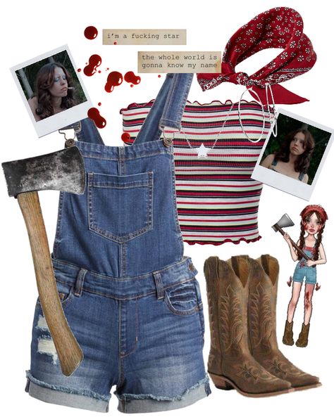 X Movie Outfits, Women Character Costumes, Pearl Costume Mia Goth Overalls, Mia Goth Maxine Outfit, Iconic Horror Movie Characters Costumes, Halloween Costume Moodboard, Maxine Minx Outfit, Maxxxine Halloween Costume, Maxine Outfits