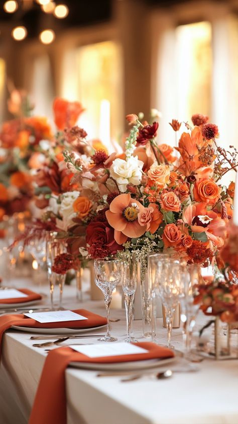 Elegant burnt orange wedding decor featuring rustic centerpieces, chic table settings, and stylish floral arrangements. Copper And Orange Wedding, Wedding Themes Burnt Orange, Burnt Orange Fall Wedding Decor, Marigold Theme Wedding Decor, Burnt Orange Color Scheme Weddings, Wedding Color Burnt Orange, Sienna Orange Wedding, Ivory And Burnt Orange Wedding, Burnt Orange Terracotta Wedding