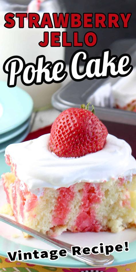 This Strawberry Jello Poke Cake is cool and light - and the sweetness comes from the berries. Plus, it's a very simple recipe, one made with a box cake mix. Strawberry Jello Poke Cake, Jello Cake Recipes, Jello Poke Cake, Poke Cake Jello, Strawberry Poke Cakes, Poke Cake Recipe, Boxed Cake Mixes Recipes, Jello Cake, Strawberry Jello