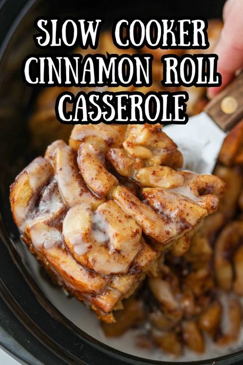 If you're looking for breakfast casserole recipes that are also easy and simple to make, you need to try this Crock Pot Cinnamon Roll Casserole. Made with canned cinnamon rolls and heavy cream, this slow cooker breakfast casserole is perfect for Christmas morning breakfast, special occasions, and more! Easy Breakfast Ideas For Potluck, Slow Cooker French Toast Overnight, Slow Cooker Cinnamon Roll Casserole, Crock Pot Cinnamon Rolls Pillsbury, Cinnamon Roll Crockpot Casserole, Cinnamon Rolls Casserole Easy, Breakfast Crockpot Recipes Overnight, Breakfast Pot Luck Ideas, Crockpot Breakfast Casserole Overnight