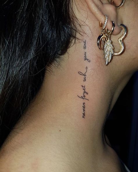 Behind The Ear Tattoo Ideas Quotes, Behind Ear To Neck Tattoo, Small Writing Neck Tattoos, Women’s Small Neck Tattoo, Being The Ear Tattoos, Women Small Neck Tattoo, Tattoo On The Neck For Women, Cover Up Small Tattoos For Women, Cute Side Neck Tattoos For Women