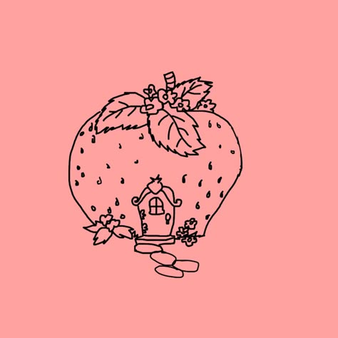 Strawberry Shortcake House Tattoo, Strawberry House Tattoo, Strawberry Mushroom Tattoo, Strawberry Basket Tattoo, Strawberry Fairy Tattoo, Cute Drawings Strawberry, Journal Tattoo Ideas, Strawberry Shortcake Drawings, Strawberry Shortcake Doodle