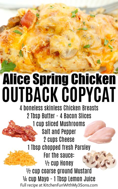 If you have ever gone to any popular restaurant to eat, then you have probably wanted to have the recipe for a variety of different things. Well, this Alice Springs Chicken (Outback Copycat) is the recipe for you as it is almost an exact match from the original Outback recipe. Alice Spring Chicken, Outback Chicken, Outback Recipes, Alice Springs Chicken Outback, Alice Springs Chicken, Outback Steakhouse, Spring Chicken, Copykat Recipes, Copycat Restaurant Recipes